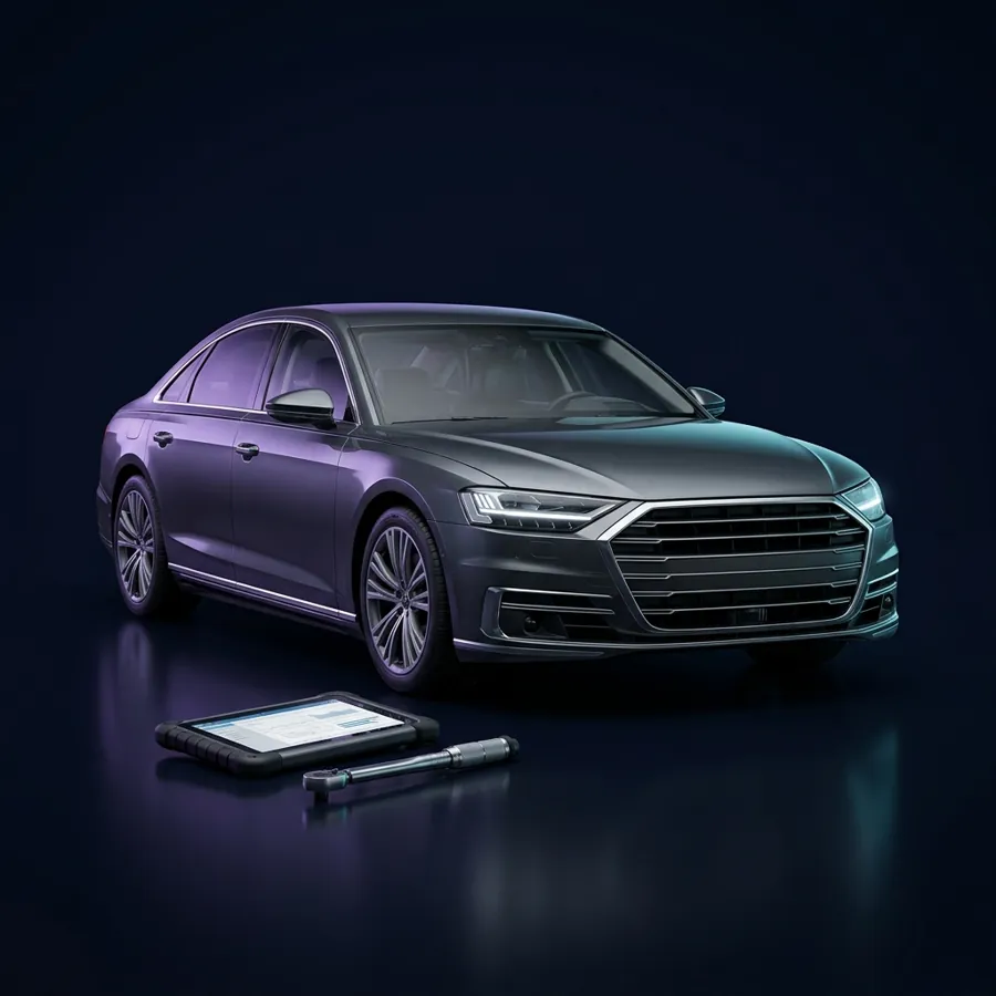 Audi A8 naast een momentsleutel en diagnosetablet