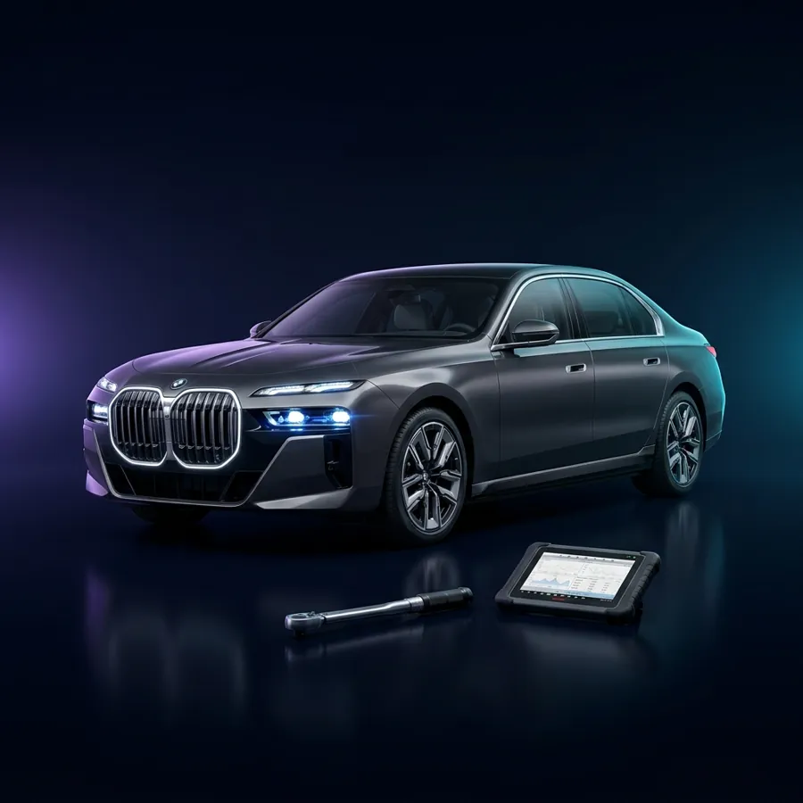 BMW 7 Serie naast een momentsleutel en diagnosetablet