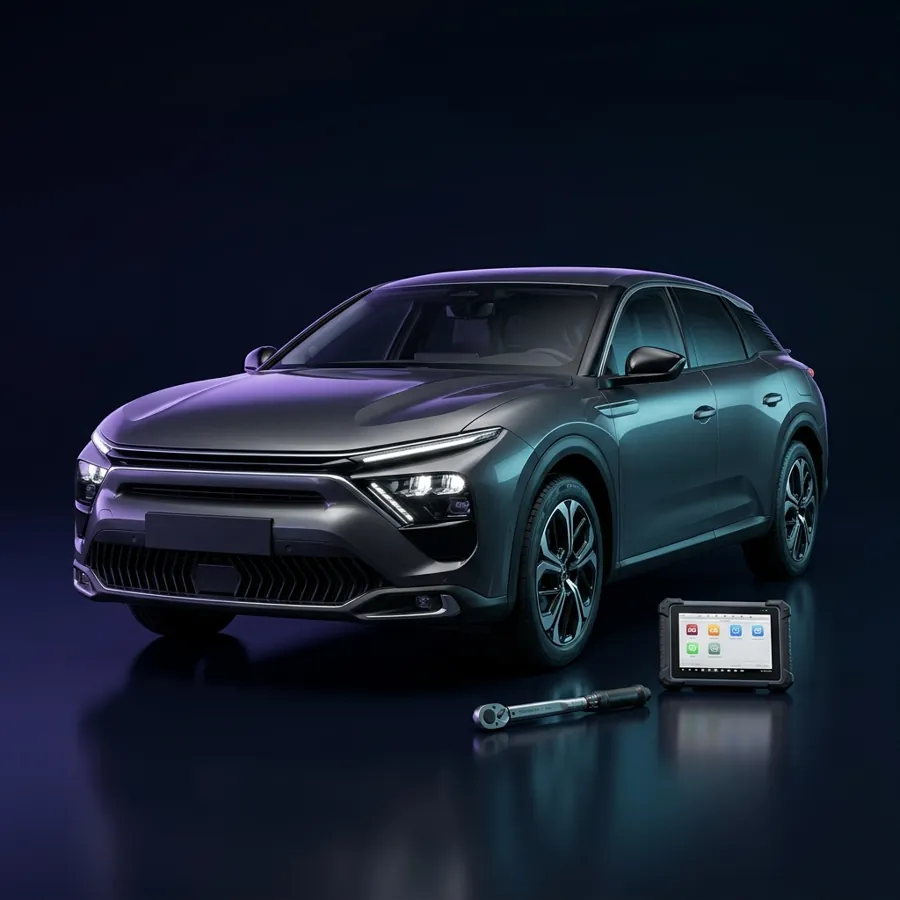 Citroën C5 X naast een momentsleutel en diagnosetablet