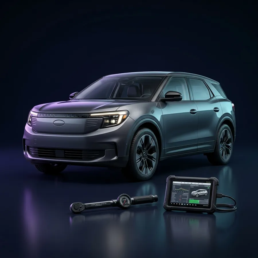 Ford Explorer EV naast een momentsleutel en diagnosetablet