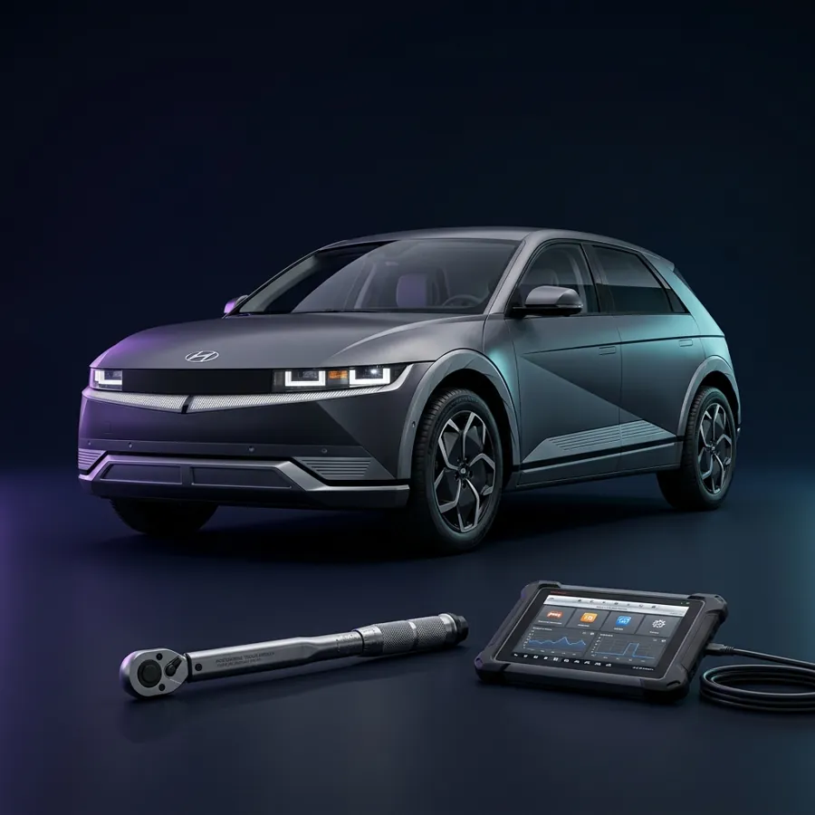 Hyundai Ioniq 5 naast een momentsleutel en diagnosetablet