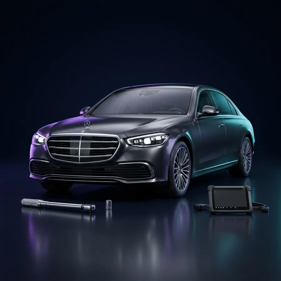 Mercedes-Benz S-Klasse naast een momentsleutel en diagnosetablet
