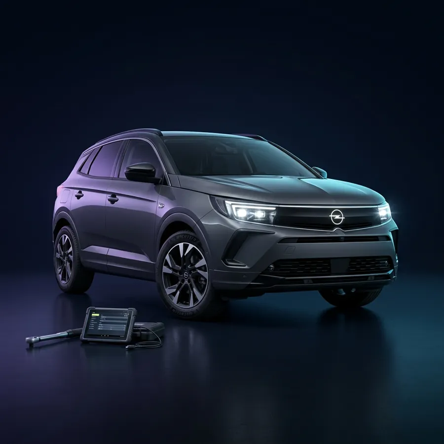 Opel Grandland naast een momentsleutel en diagnosetablet