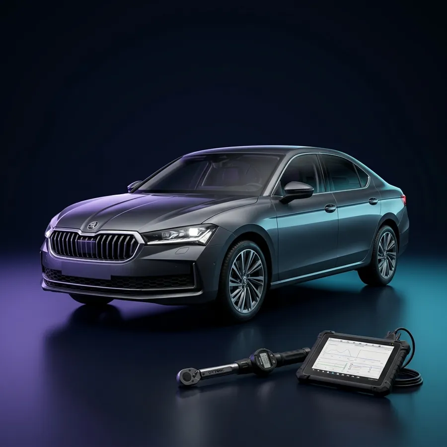 Škoda Superb naast een momentsleutel en diagnosetablet