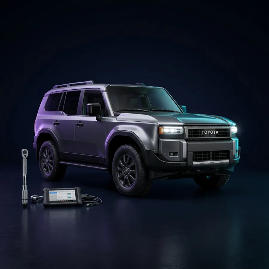 Toyota Land Cruiser naast een momentsleutel en diagnosetablet