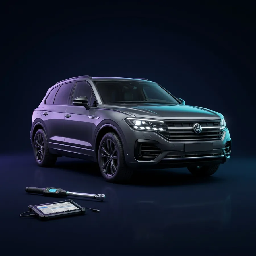 Volkswagen Touareg naast een momentsleutel en diagnosetablet