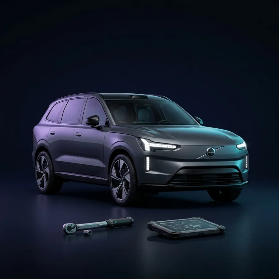 Volvo EX90 naast een momentsleutel en diagnosetablet