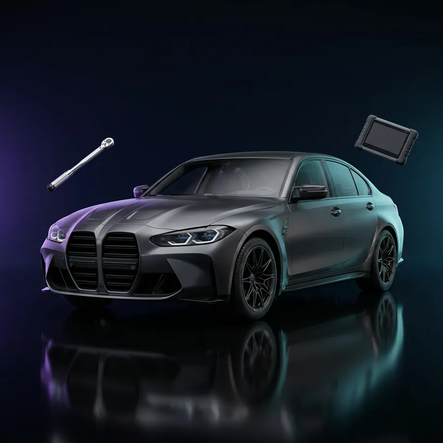 Car with a torque wrench and a diagnostic tablet