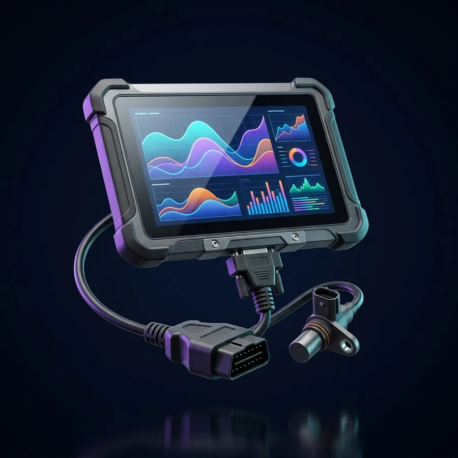 Diagnosetablet naast een motor met sensoren